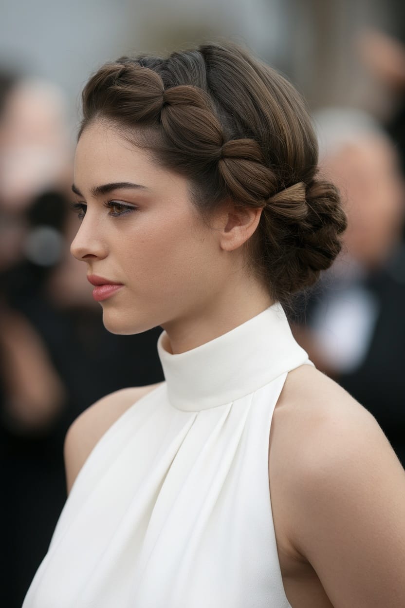 A mannequin displaying a classic French twist hairstyle, featuring smooth hair with a bun and decorative pins.