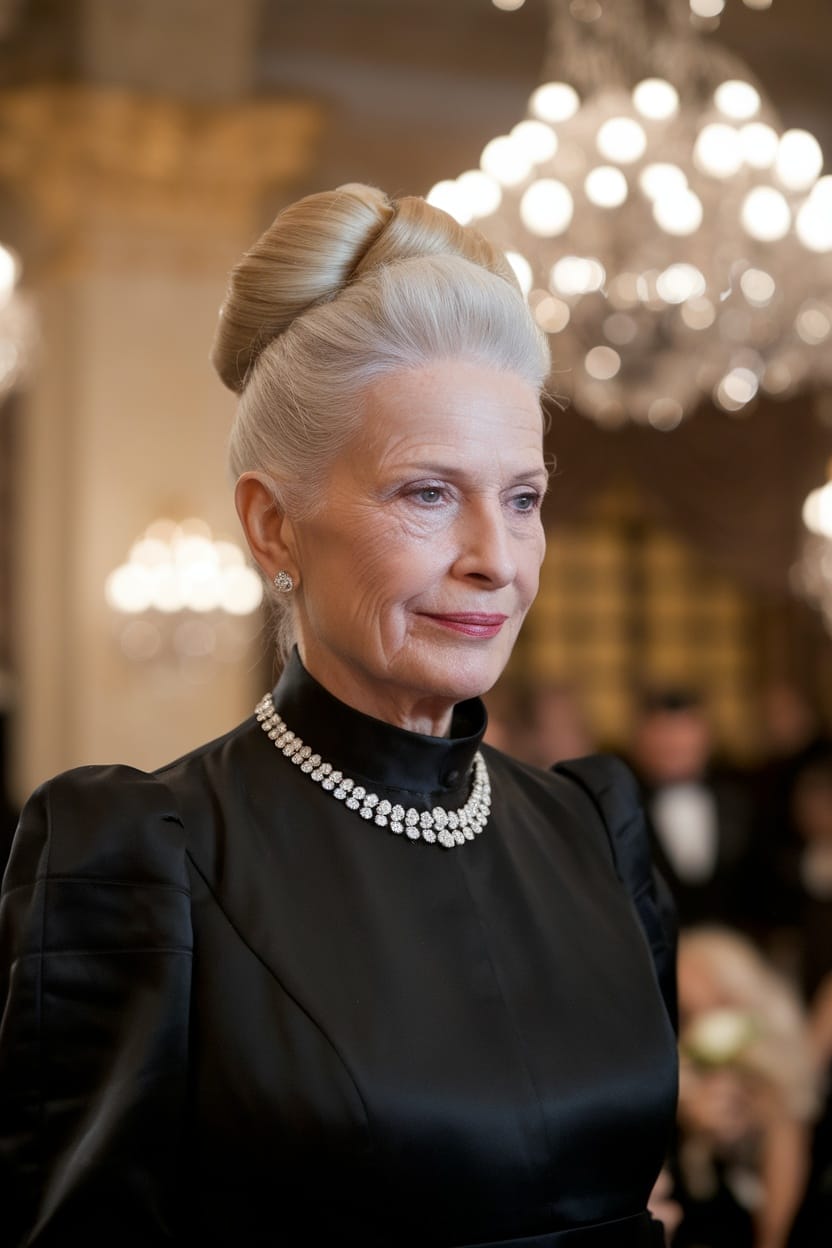 An elegant woman with a classic French twist hairstyle, wearing a black dress and a pearl necklace.