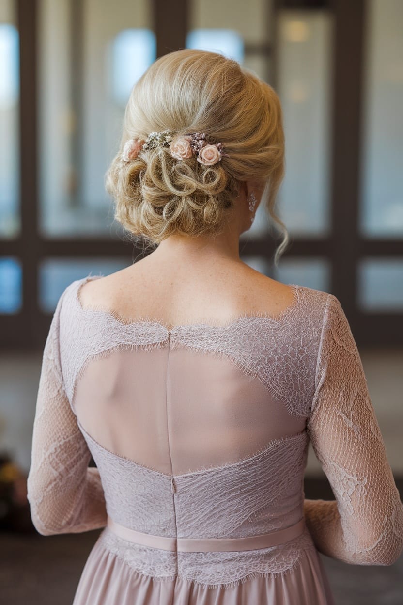 A woman with a classic French twist hairstyle adorned with dainty flowers, wearing a beautiful dress.