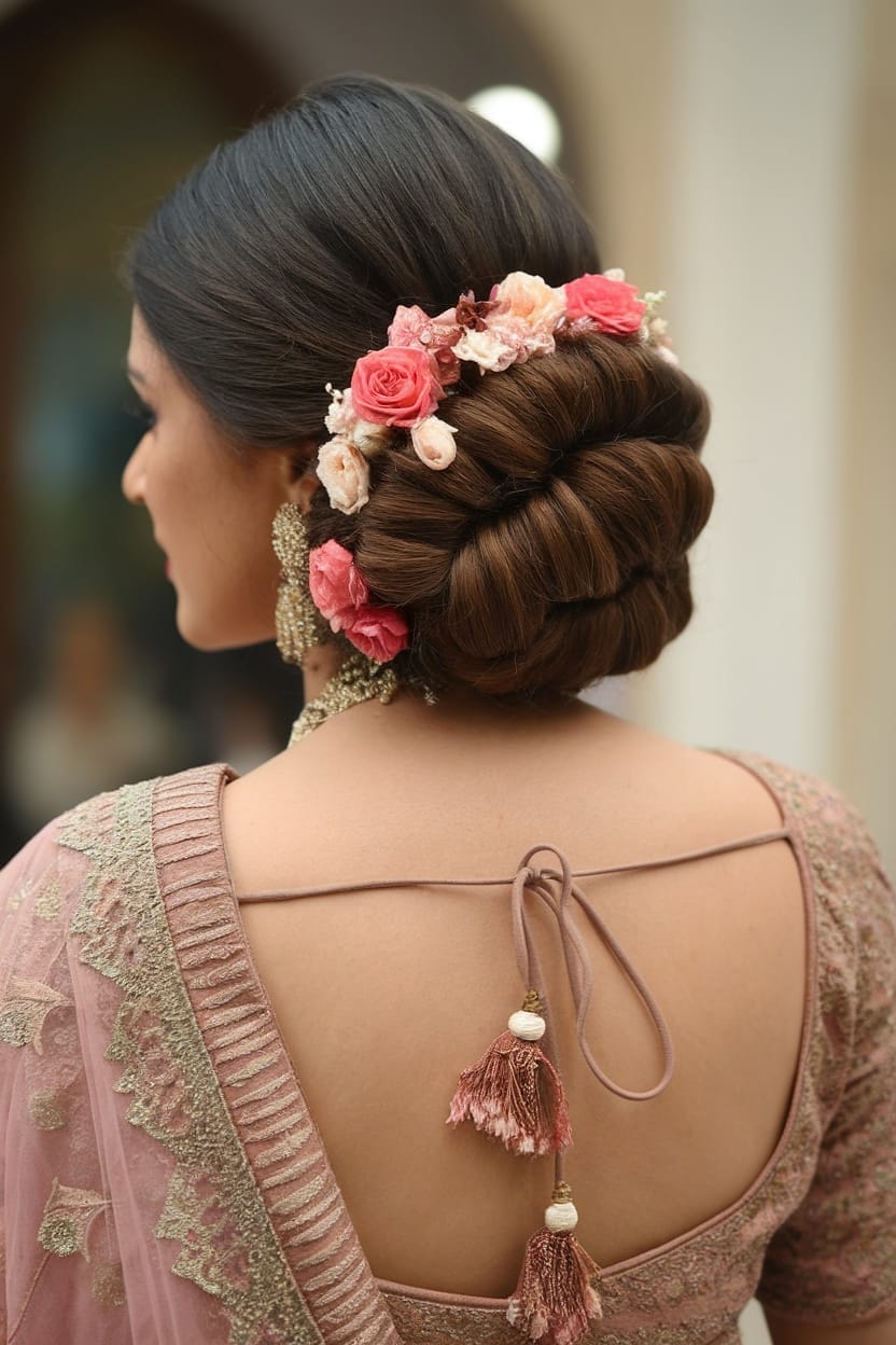 A woman with a classic French twist hairstyle adorned with flowers, wearing a pink lehenga.