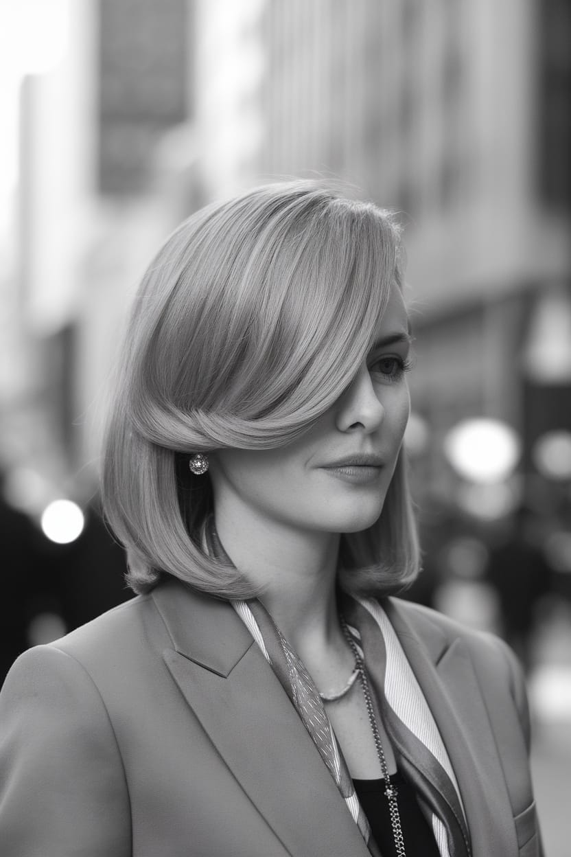 A woman with a classic long bob hairstyle, wearing a blazer, looking confidently in an urban setting.