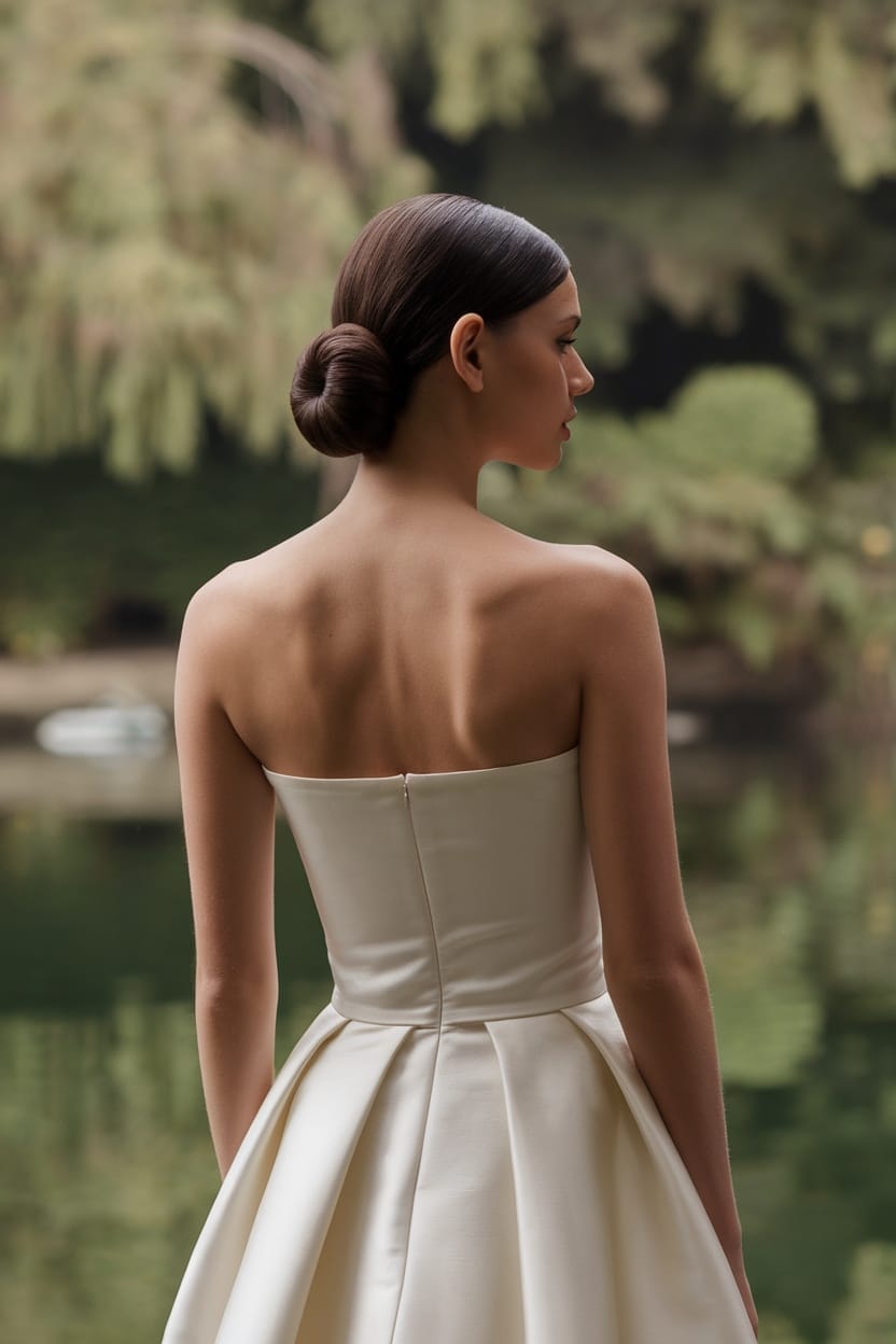 A model with a classic low bun hairstyle, wearing a strapless tube dress, standing near a scenic background.