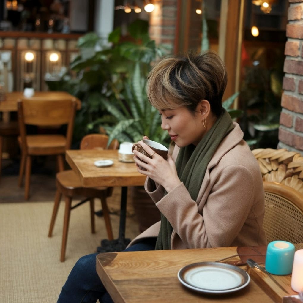 A woman with a classic pixie hairstyle, sitting in a café, enjoying a drink while wearing a scarf.