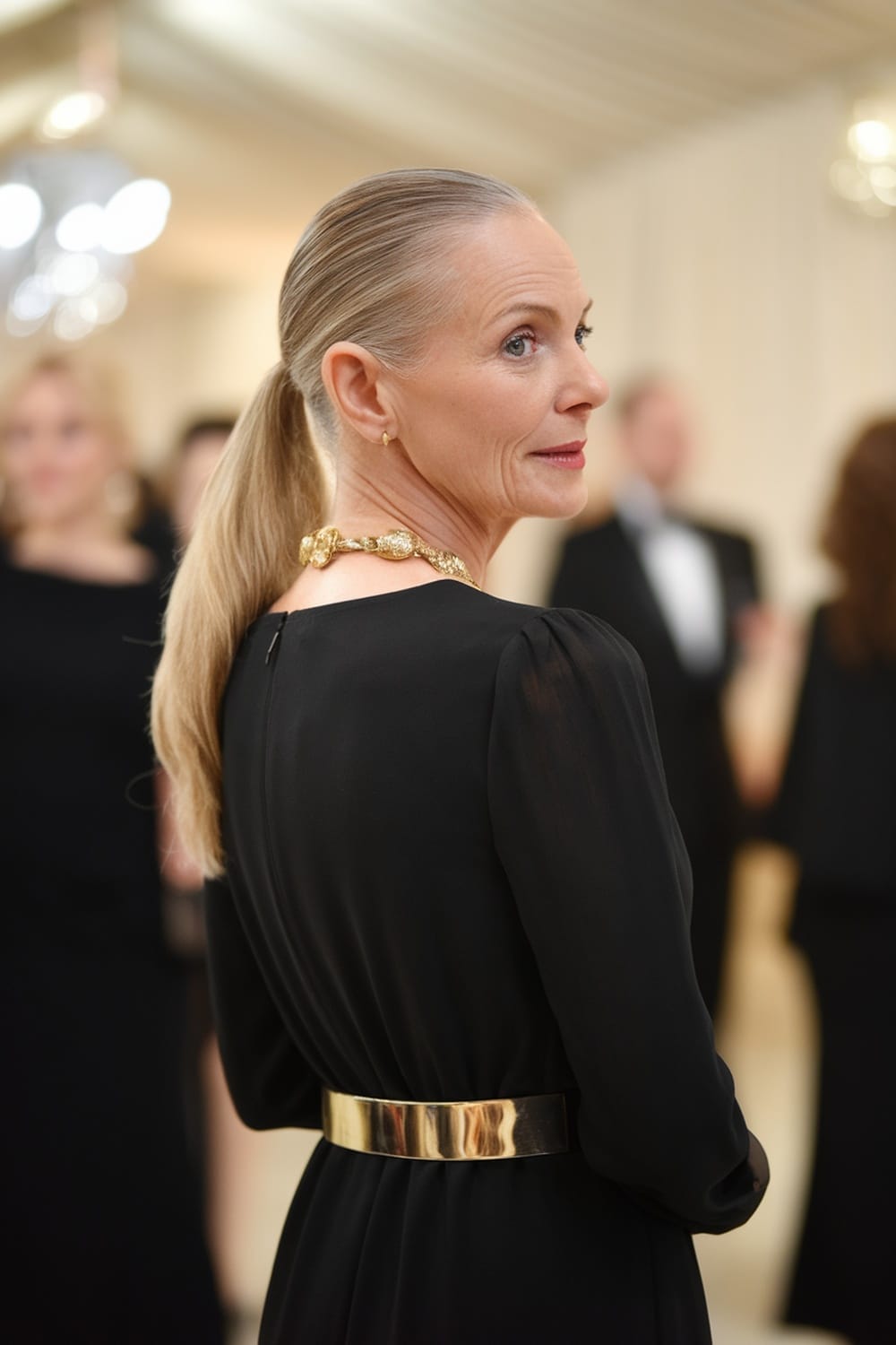 A woman with a chic ponytail wearing a formal black dress and a gold necklace, attending a formal event.