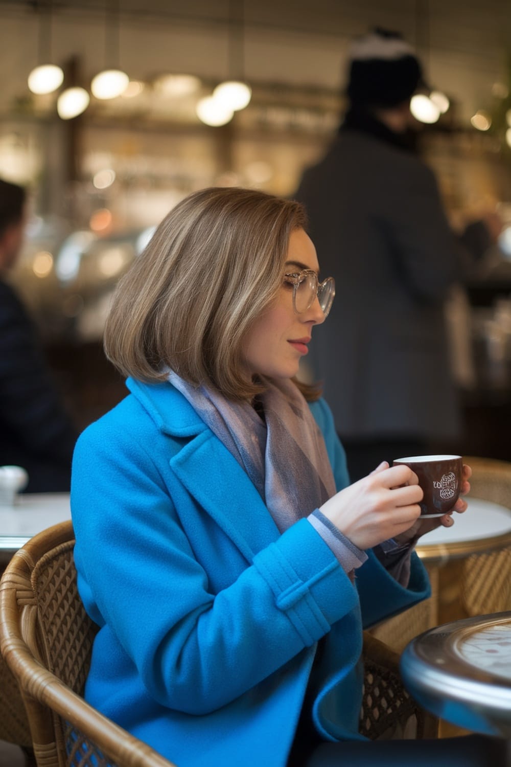 A woman with shoulder-length hair, wearing glasses and a blue coat, enjoying coffee at a café.