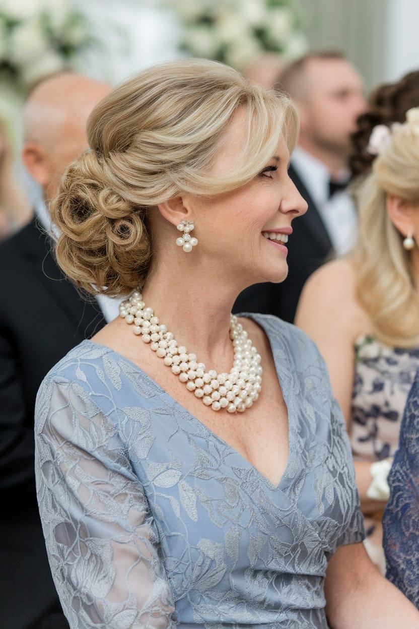 A woman with a classic updo hairstyle, wearing pearl jewelry, seated at a wedding ceremony.