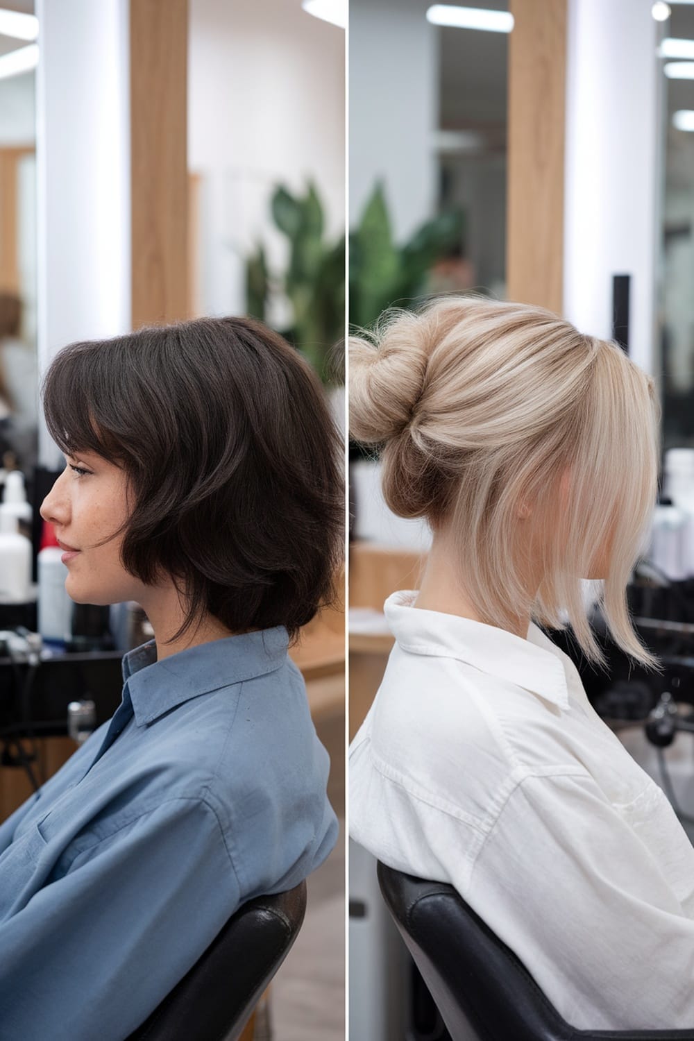 A side-by-side comparison of a classic layered bob haircut and a modern layered bob styled in an updo.