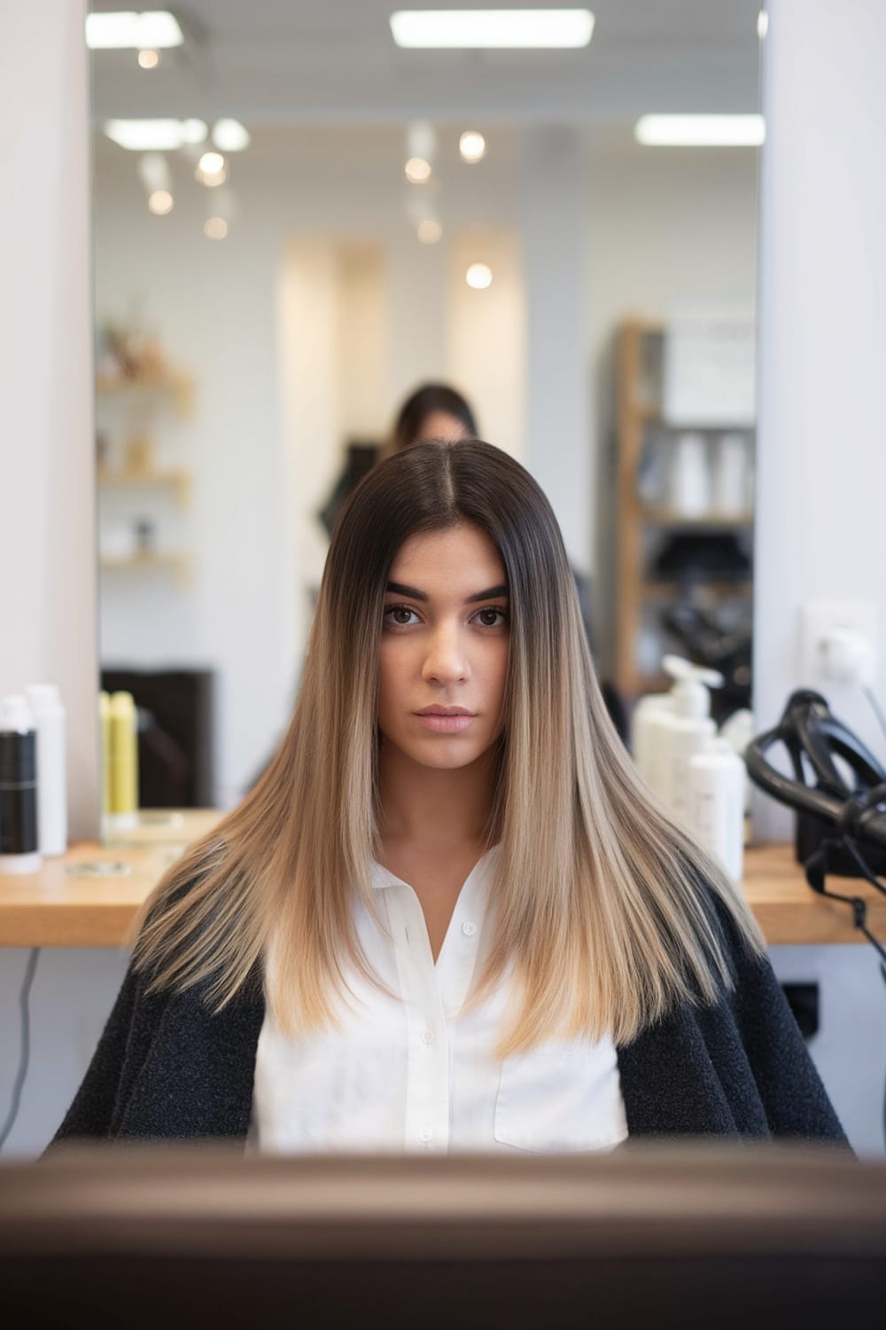 A woman with straight balayage hair sitting in a salon, looking at her reflection in the mirror.