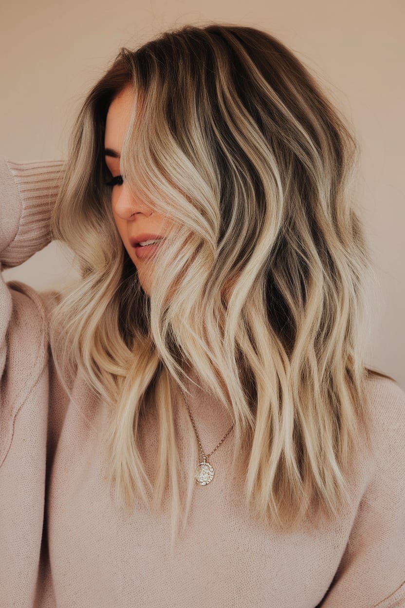 A woman with layered blonde waves showcasing a modern haircut