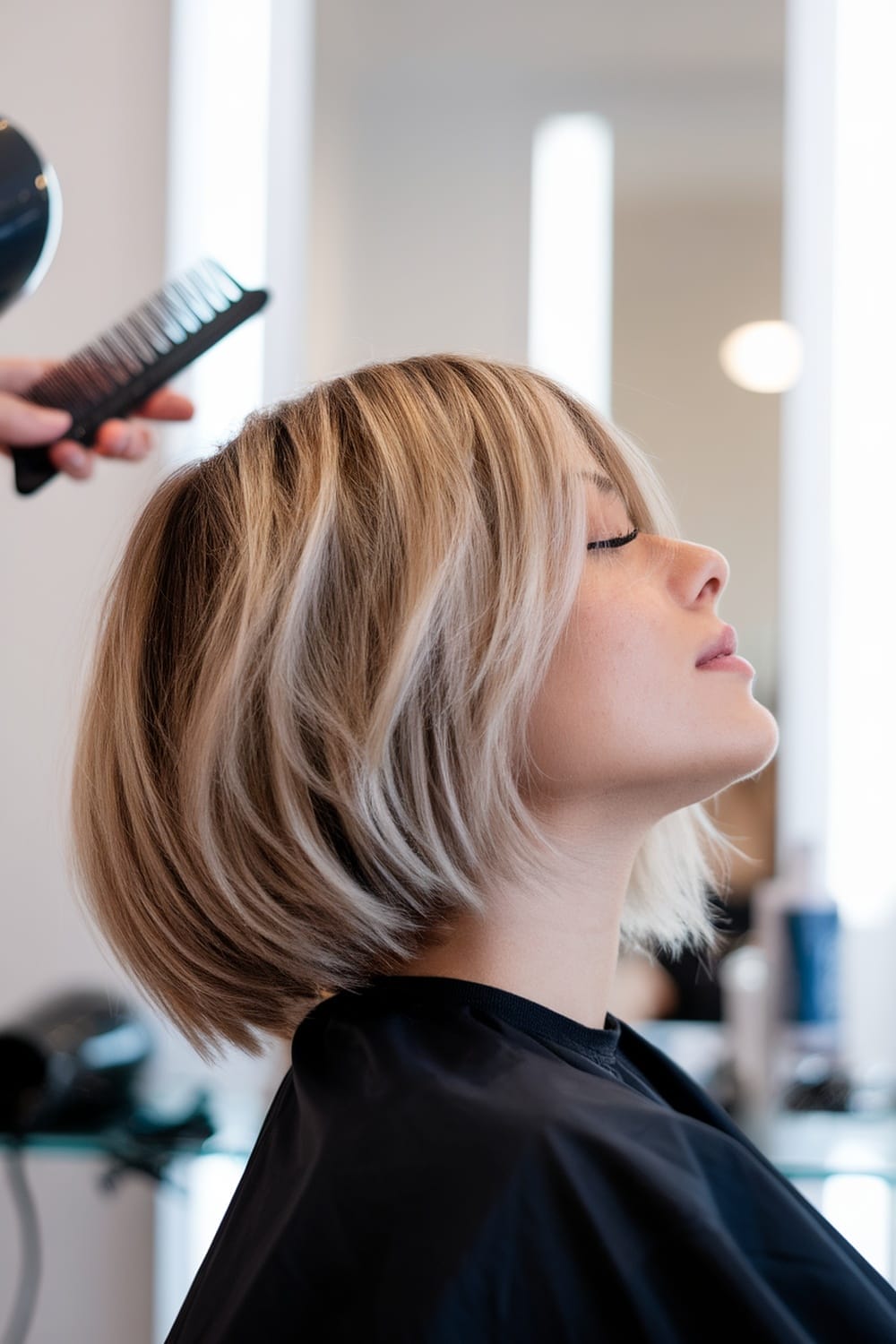 A woman with a layered bob haircut, showcasing soft layers and a stylish look in a salon setting.