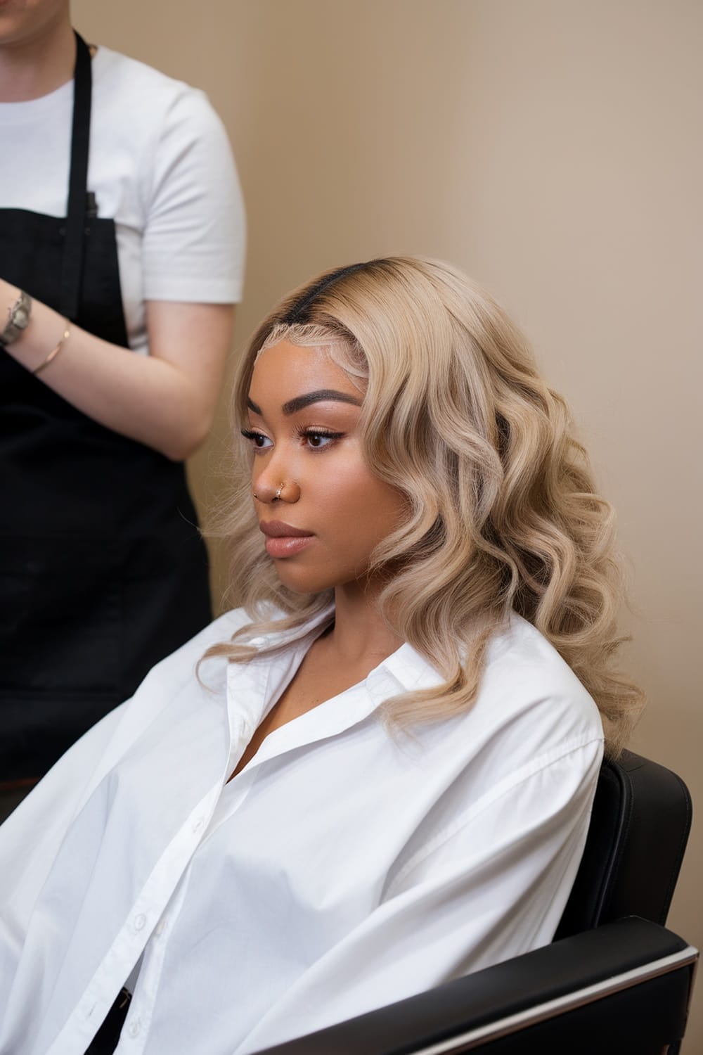 A woman with ash blonde hair styled in waves, sitting in a salon chair while a stylist works nearby.