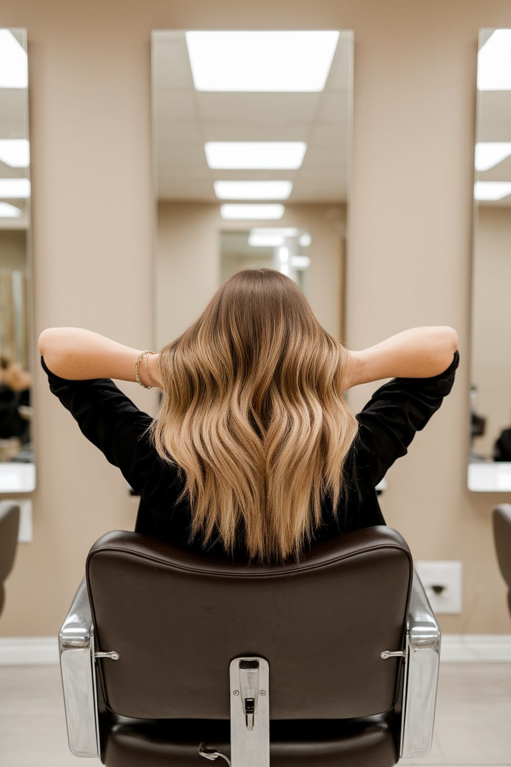A woman with balayage straight hair sitting in a salon chair, looking at her reflection in the mirror.