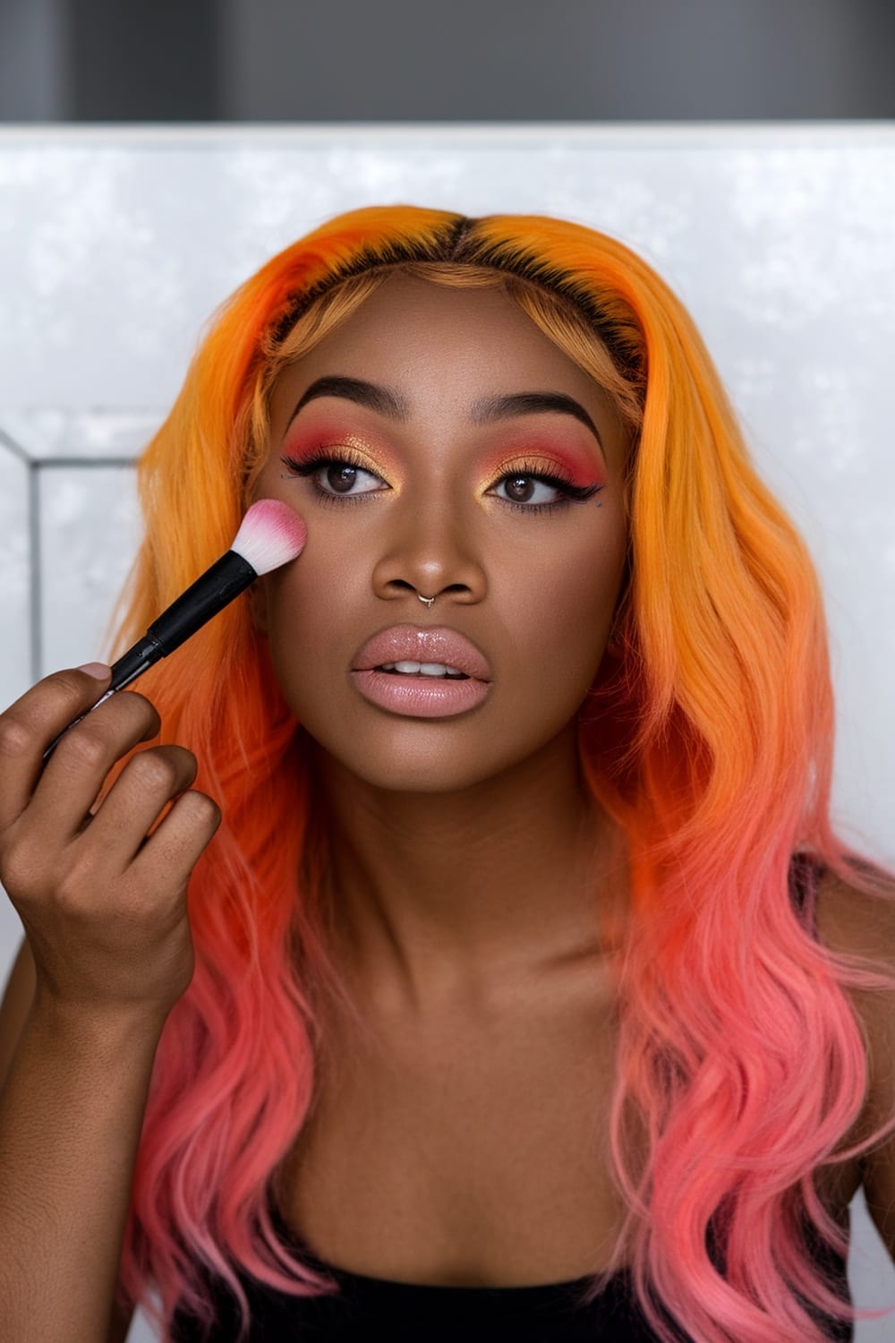 A woman with orange hair applying blush, showcasing warm makeup tones.
