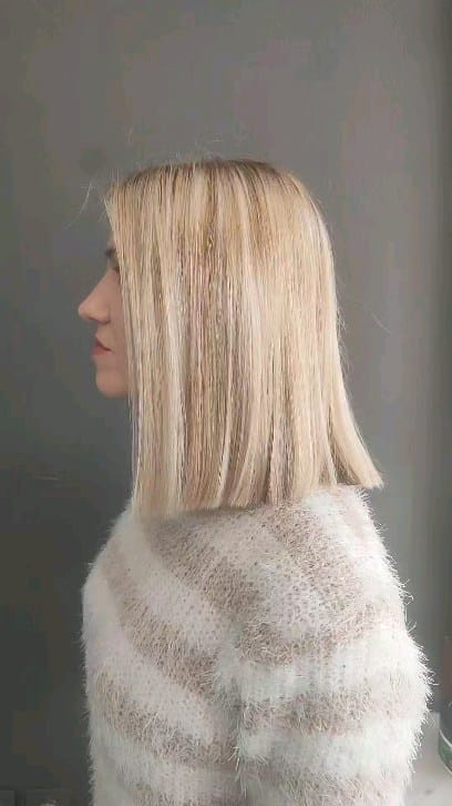 Classic straight blunt bob in cool blonde