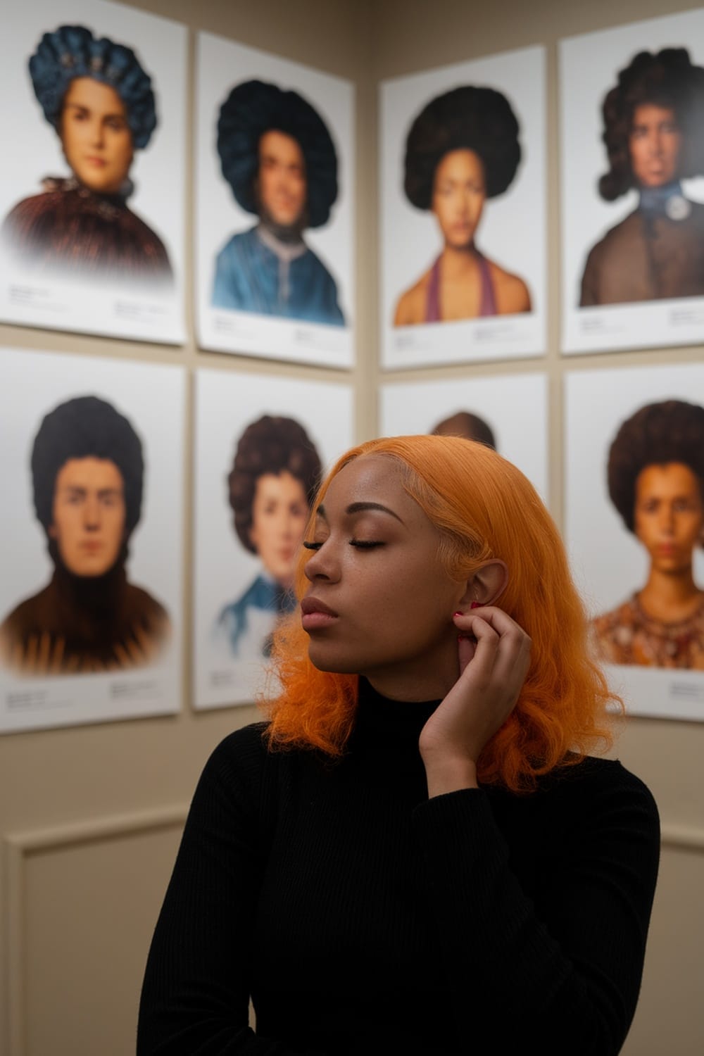 A woman with orange hair stands in front of various portraits showcasing different hairstyles.