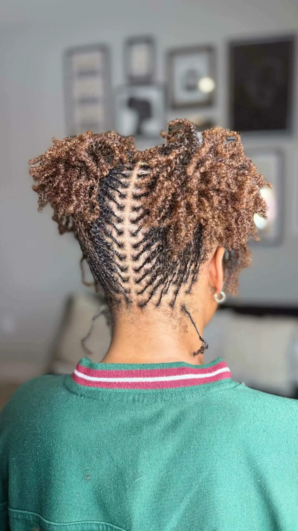 Cornrows and curly twists combination with honey-toned highlights