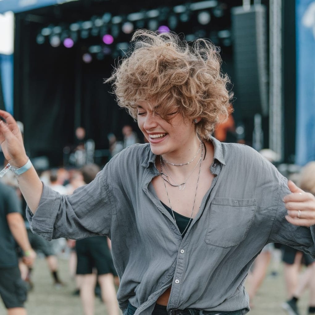 Woman with curly boyish haircut dancing at a festival