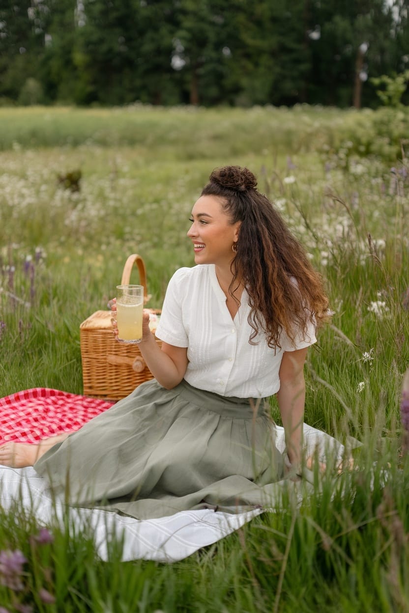 A woman sitting in a field with curly hair styled in a half-up, half-down look, enjoying a drink.