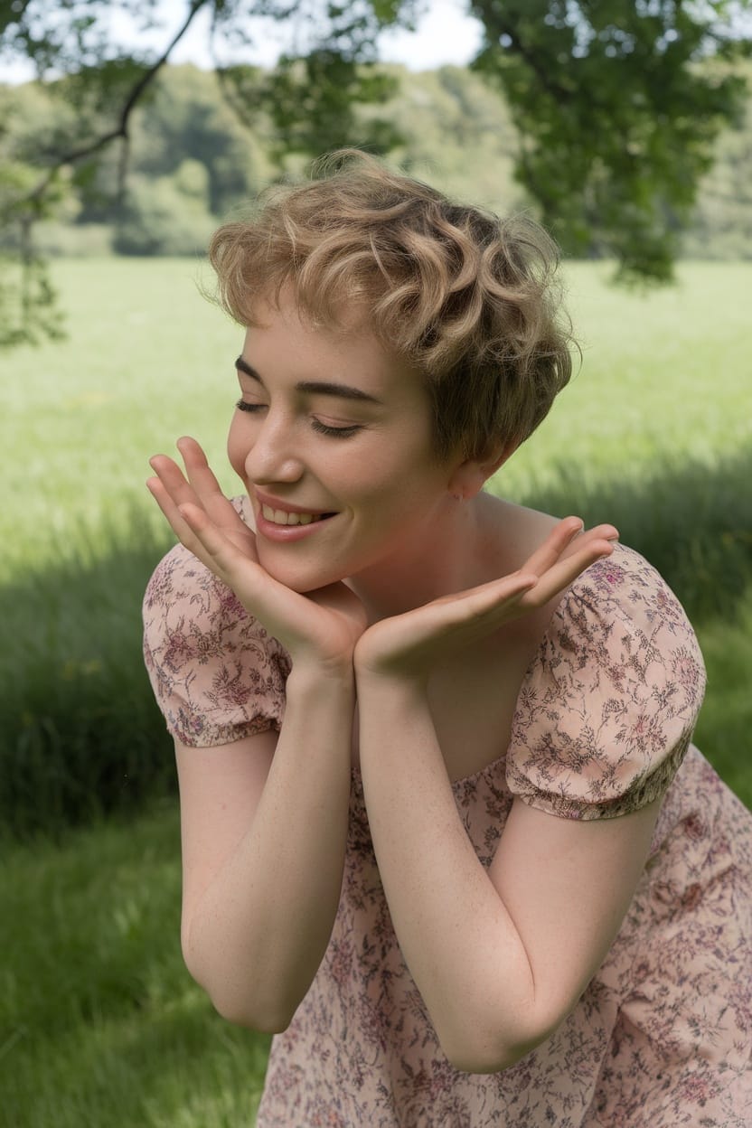 A woman with a curly pixie cut smiling and posing outdoors.
