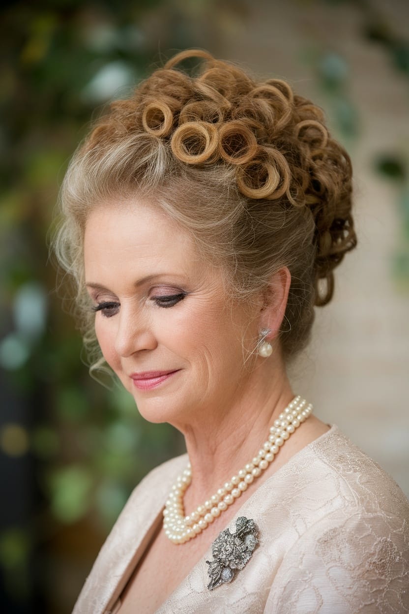 Mother of the bride with curly updo and vintage brooch