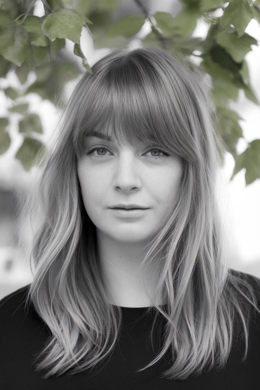 A woman with curtain bangs and long hair, standing in front of green leaves