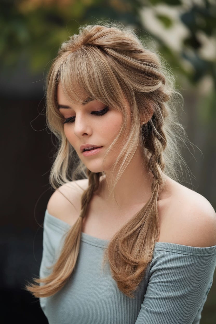 A woman with curtain bangs and loose hair, wearing an off-shoulder top.