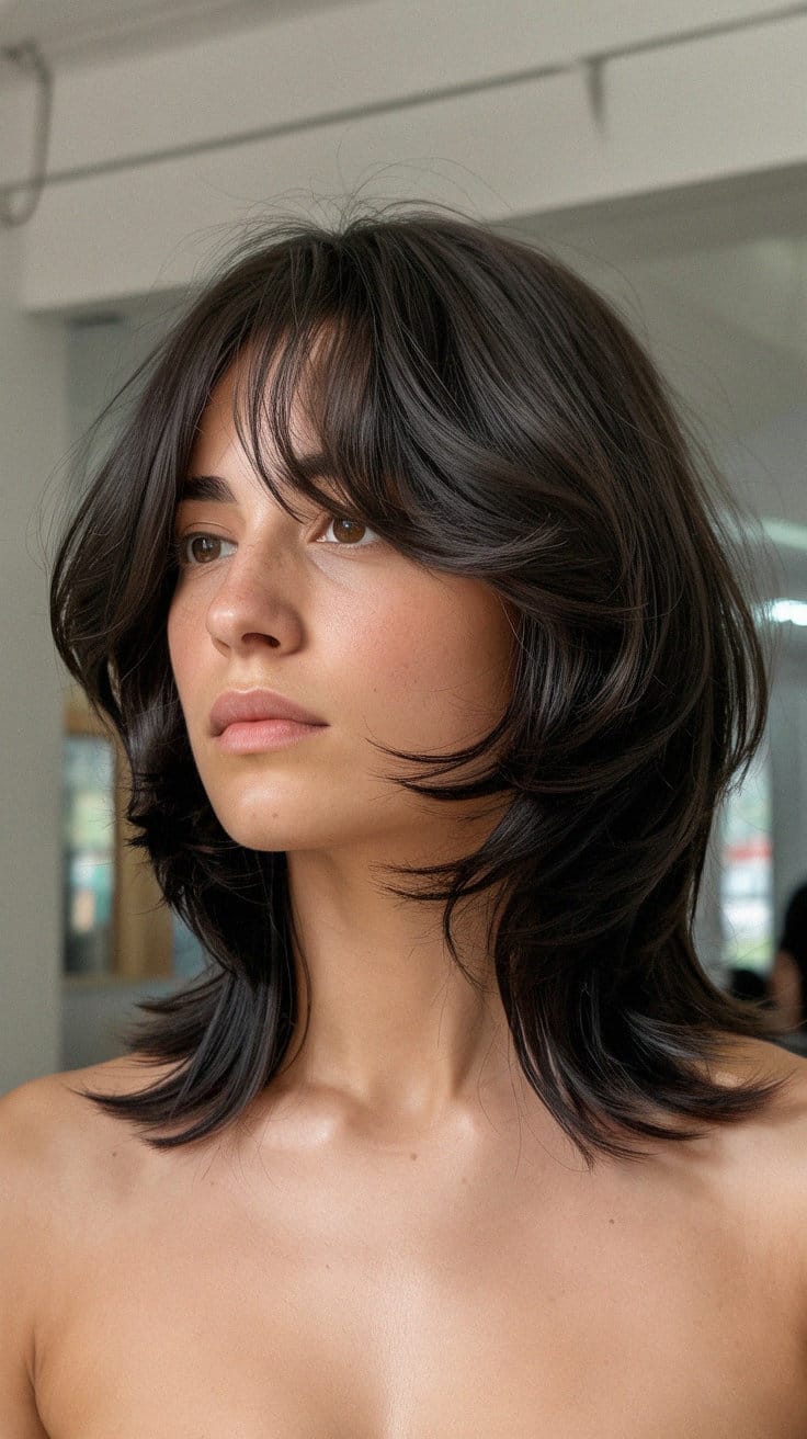 Medium-length layered haircut featuring soft, feathered layers that frame the face. Glossy dark brown finish enhances natural features.