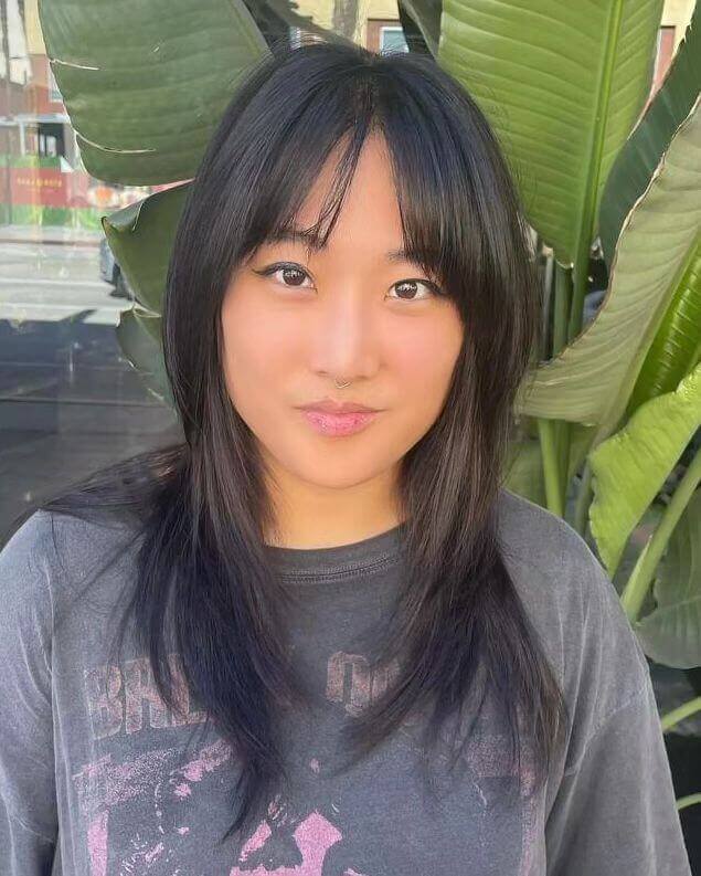 Medium-length dark layers with see-through bangs