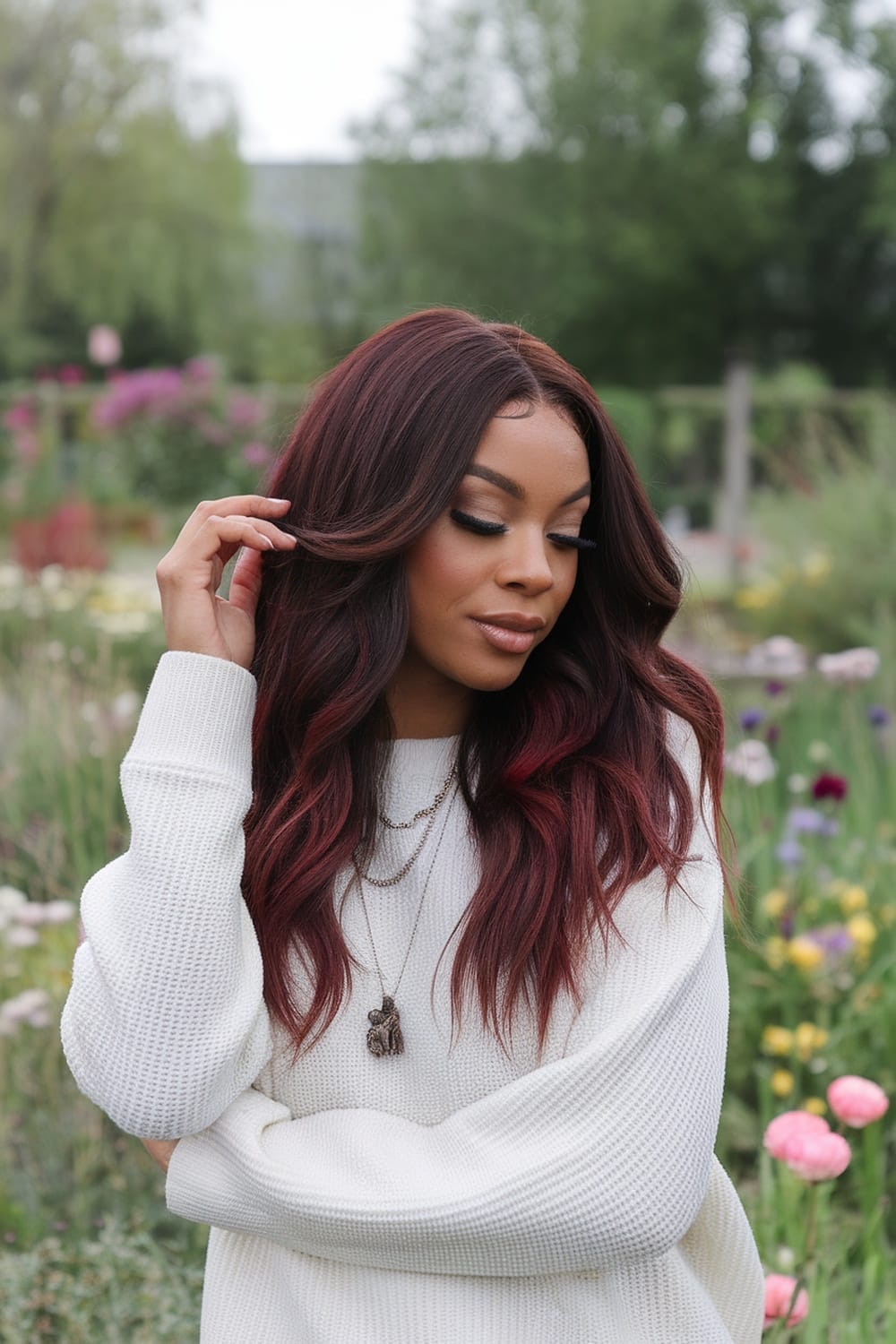 A woman with dark cherry balayage hair styled in soft waves, wearing a white sweater, surrounded by a colorful garden.