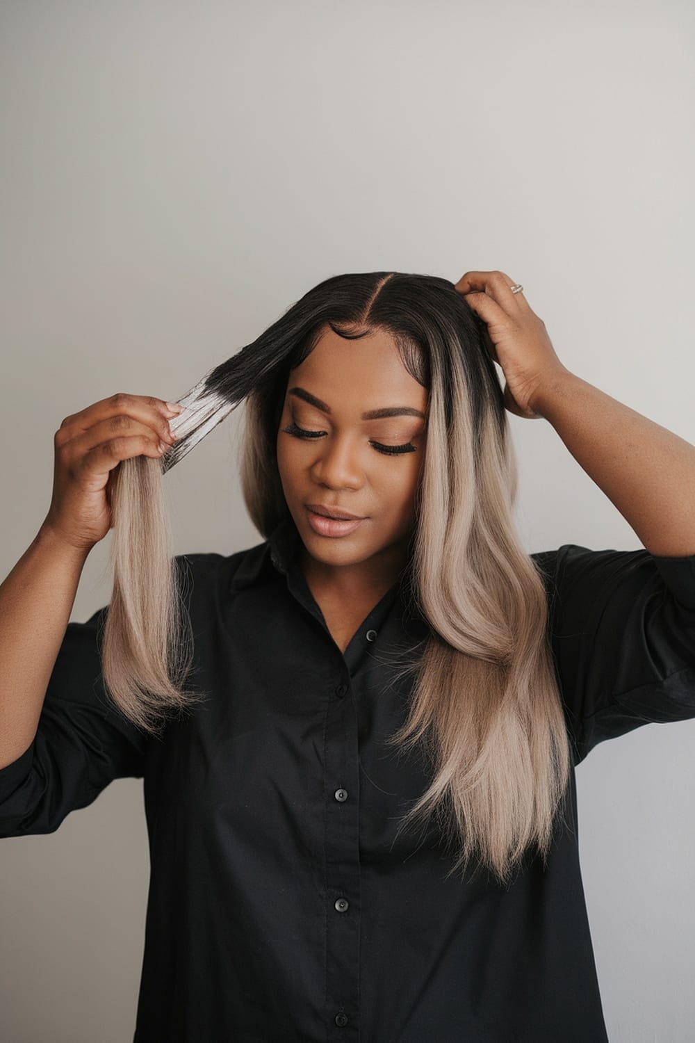 A woman with ash blonde hair styling her hair, appearing confident and happy.