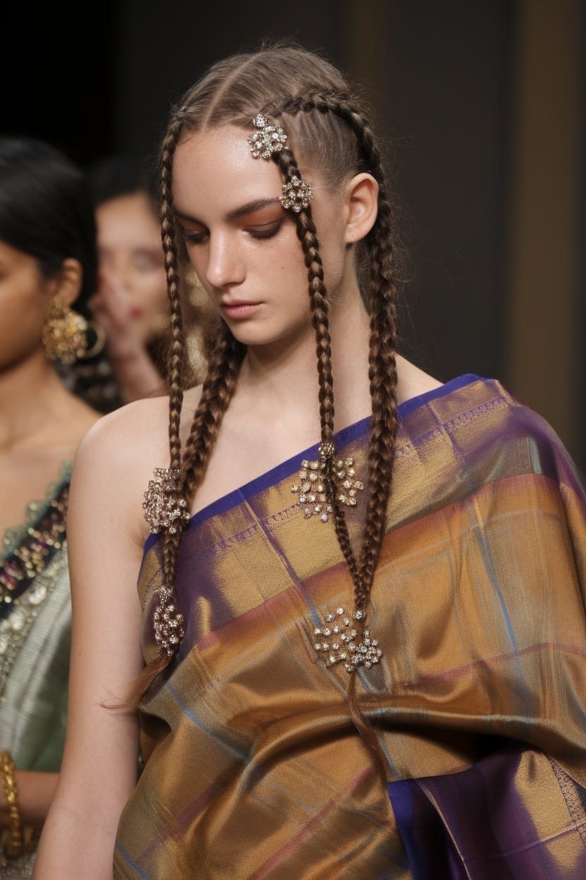 Model with double braids adorned with hair jewelry, wearing a saree