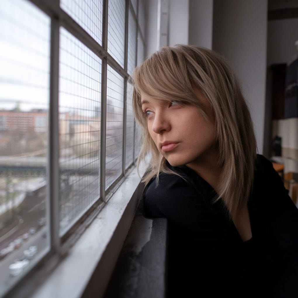 A woman with layered hair and side-swept bangs looking out a window.