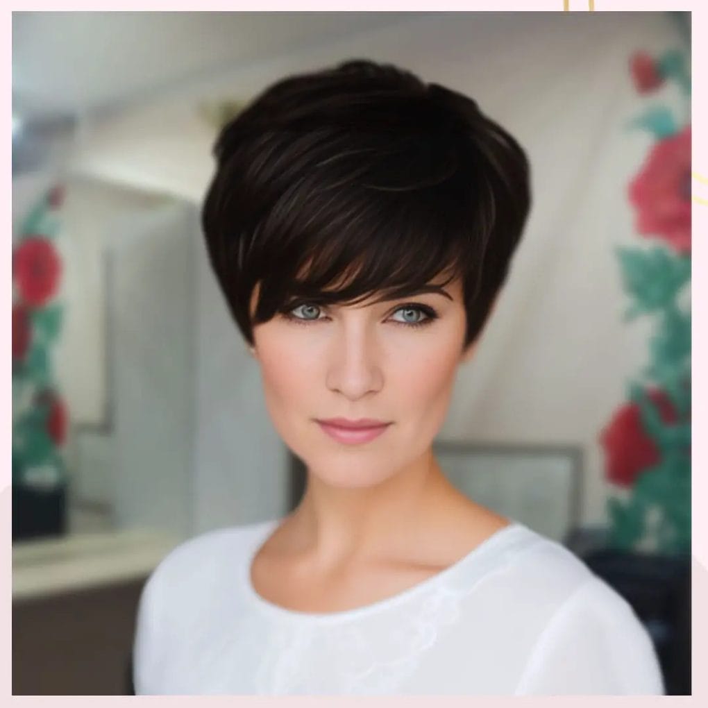 Chestnut pixie bob with voluminous tousled layers and sweeping bangs framing the face