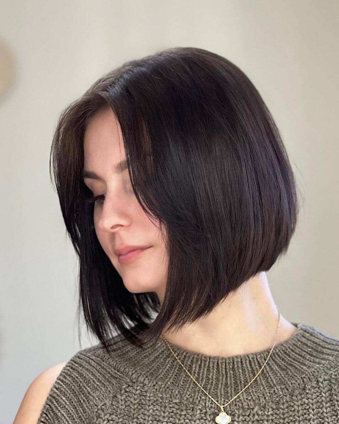 Elegant sleek straight bob in glossy black with subtle layering.