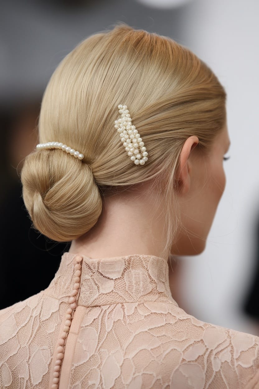 Elegant chignon hairstyle featuring pearls, suitable for a high neck dress.
