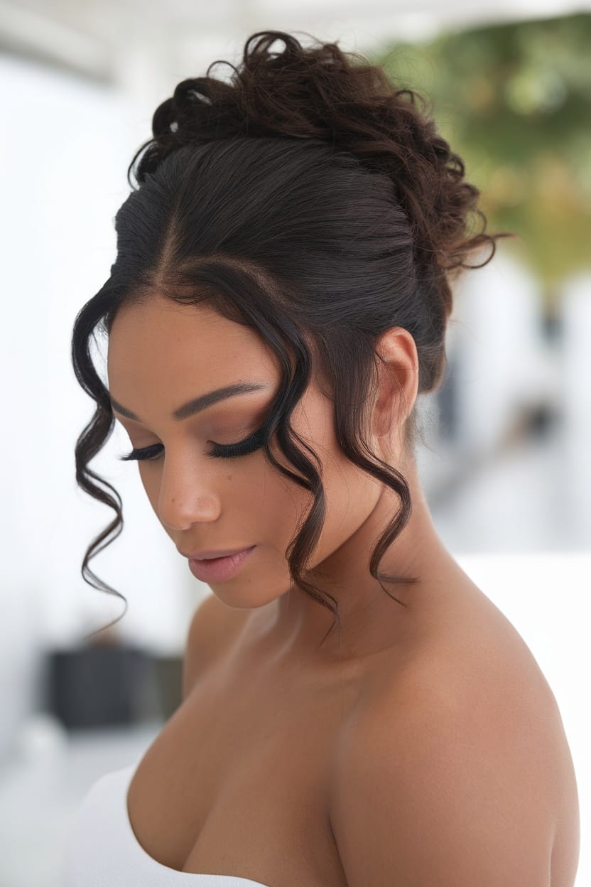 A woman with a half-up bun hairstyle, featuring loose curls framing her face.