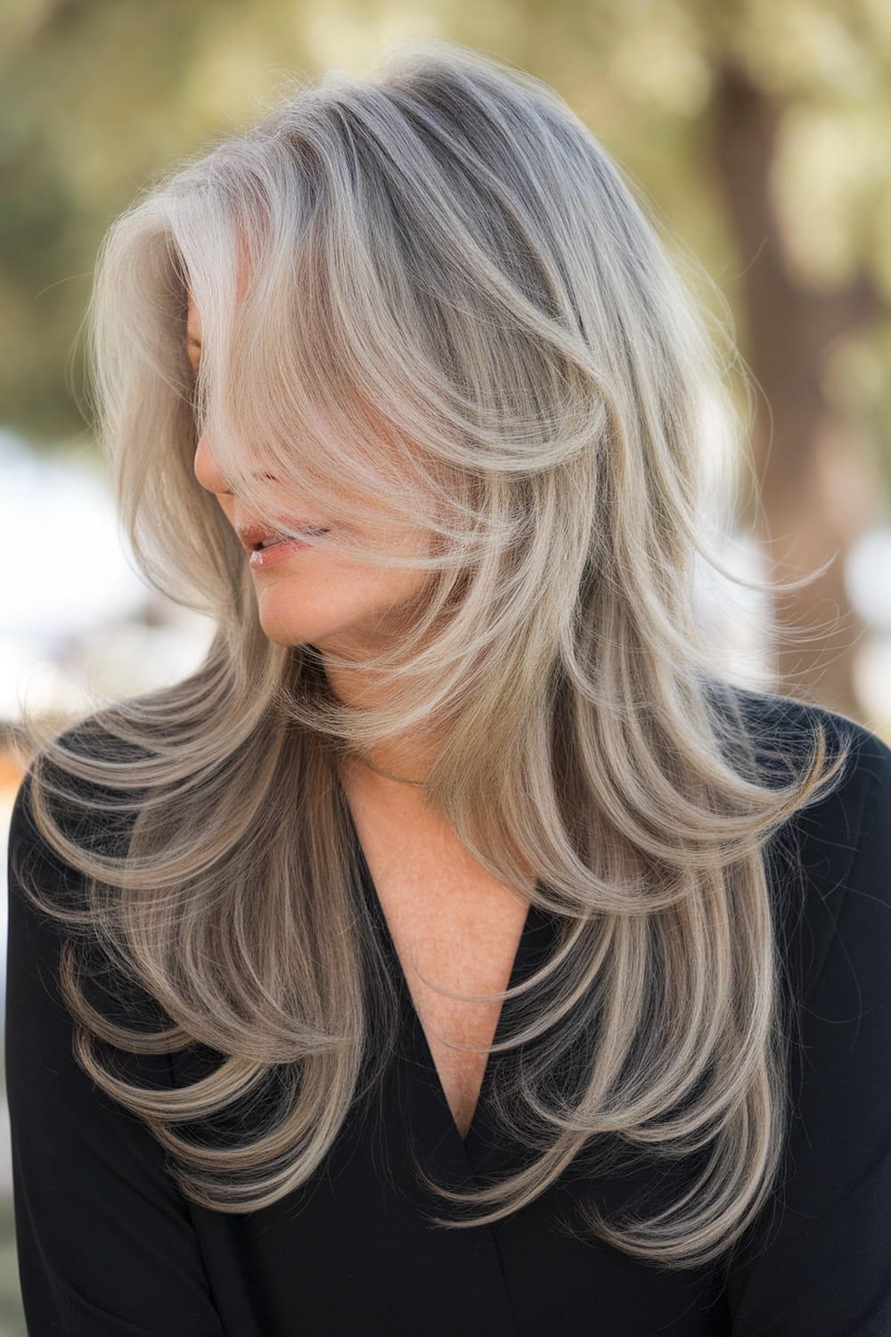 Woman with long layered waves hairstyle, showcasing elegance and sophistication.