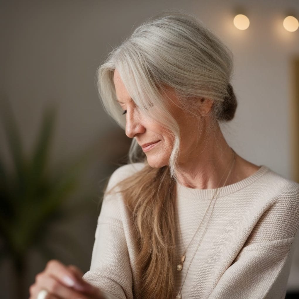 A woman with long, gray hair styled in a low bun, wearing a cozy sweater, with soft waves framing her face.