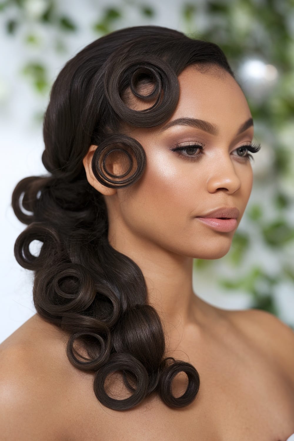 A beautiful model with a low twisted half updo hairstyle featuring soft curls.