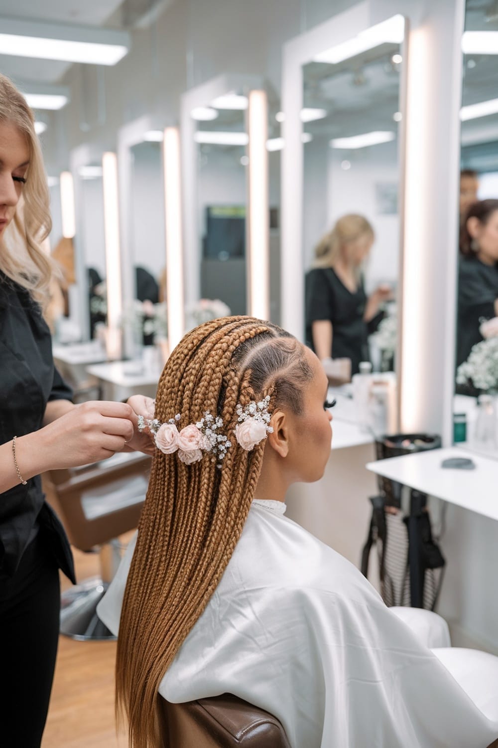 A woman receiving micro braids in a salon, adorned with floral accessories.