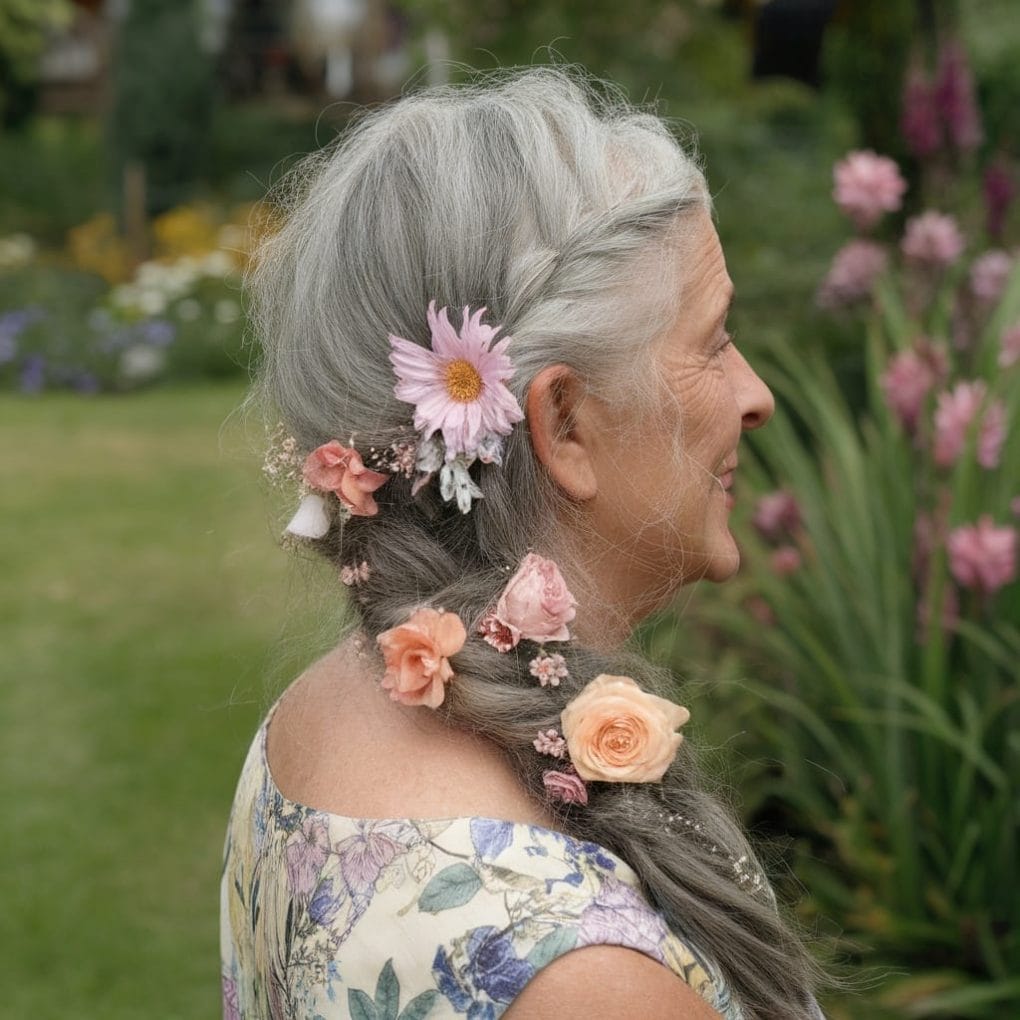 A woman over 70 with a side braid decorated with flowers, showcasing an elegant hairstyle.