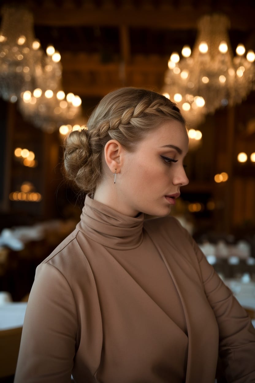 A woman with a braided twist hairstyle, wearing a turtle neck outfit in an elegant setting.