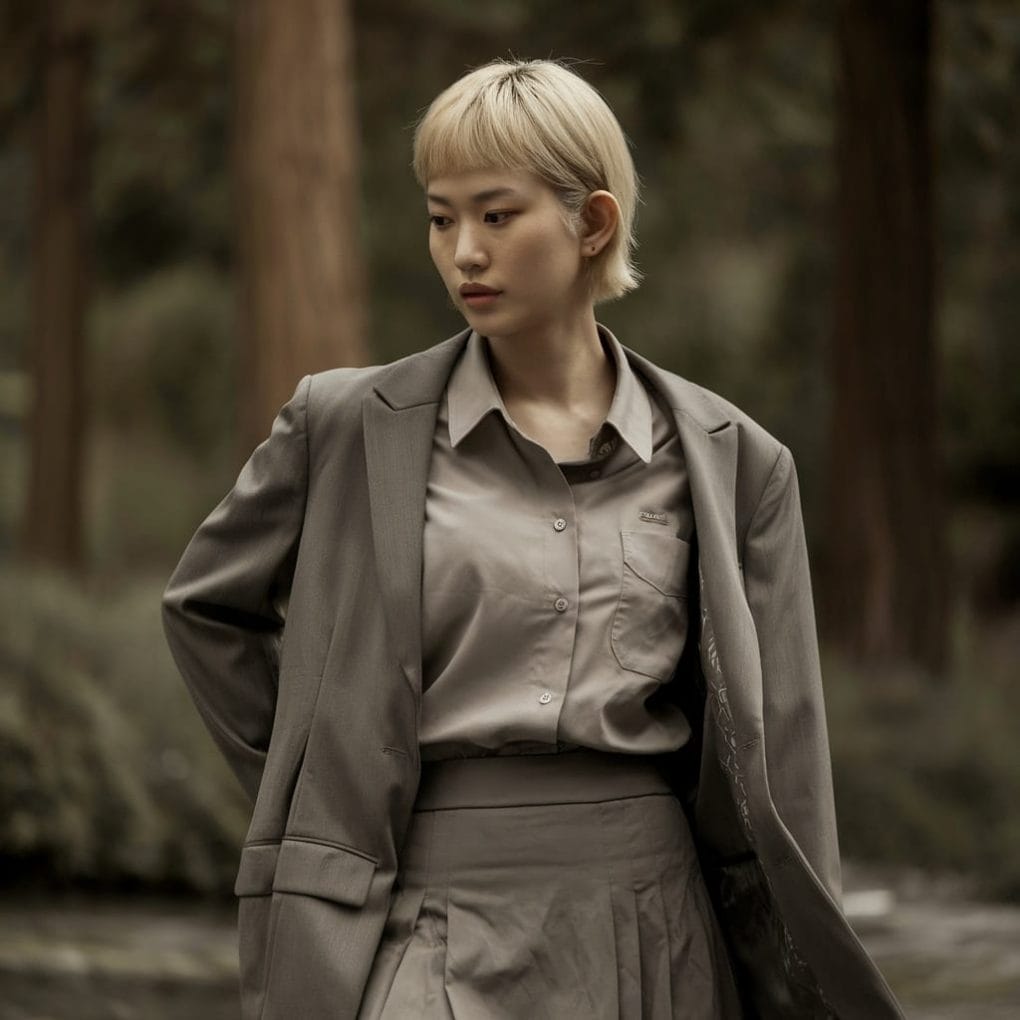 A woman with an undercut hairstyle, wearing a grey suit, posing confidently in a natural setting.