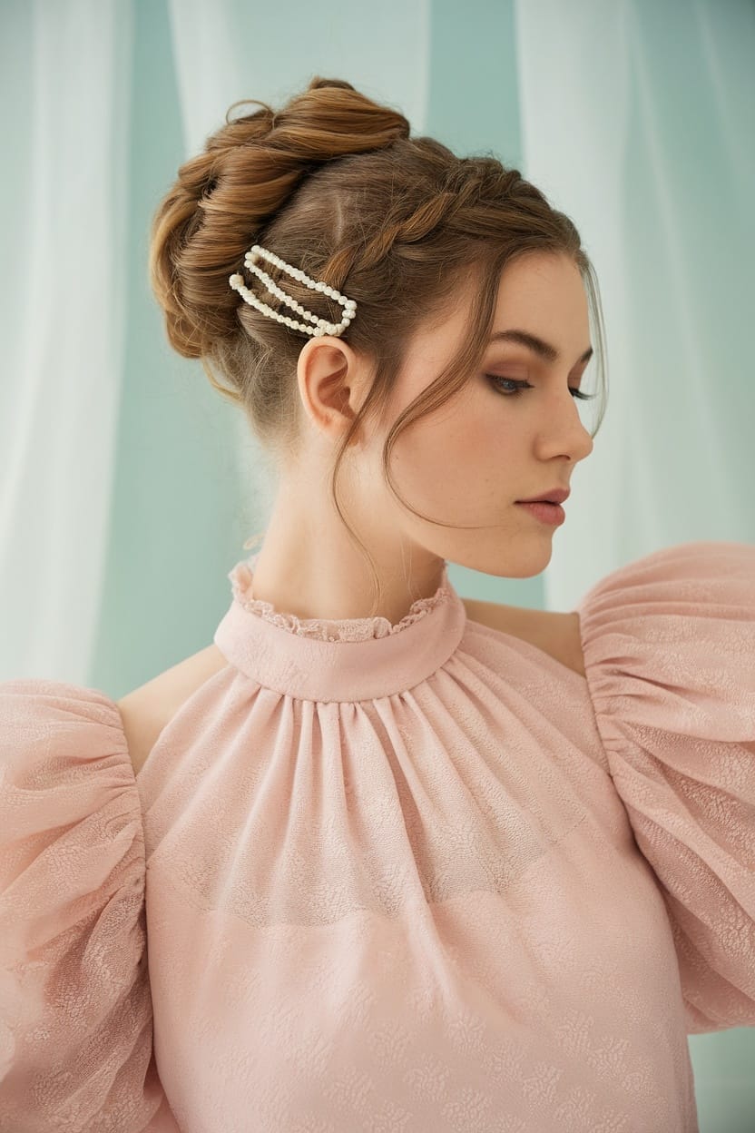 A woman with an elegant updo hairstyle, wearing a pink tube dress with puffed sleeves, adorned with pearl hair clips.