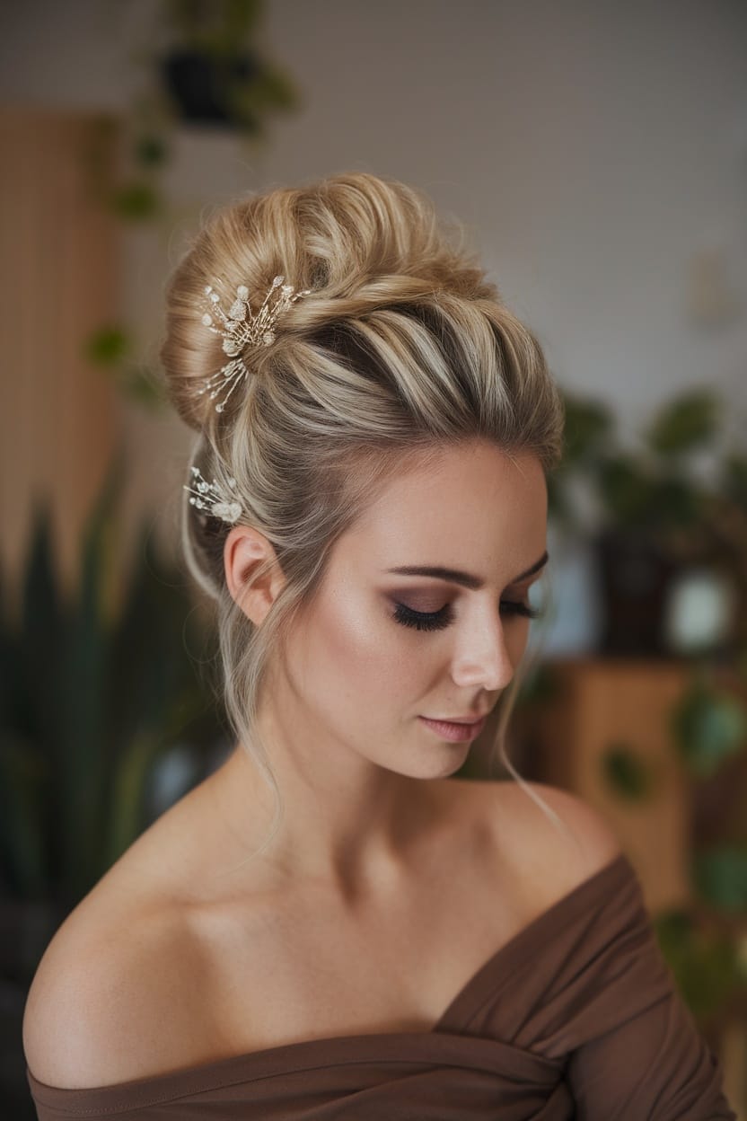 A woman with an elegant updo hairstyle adorned with decorative pins, wearing an off-shoulder top.