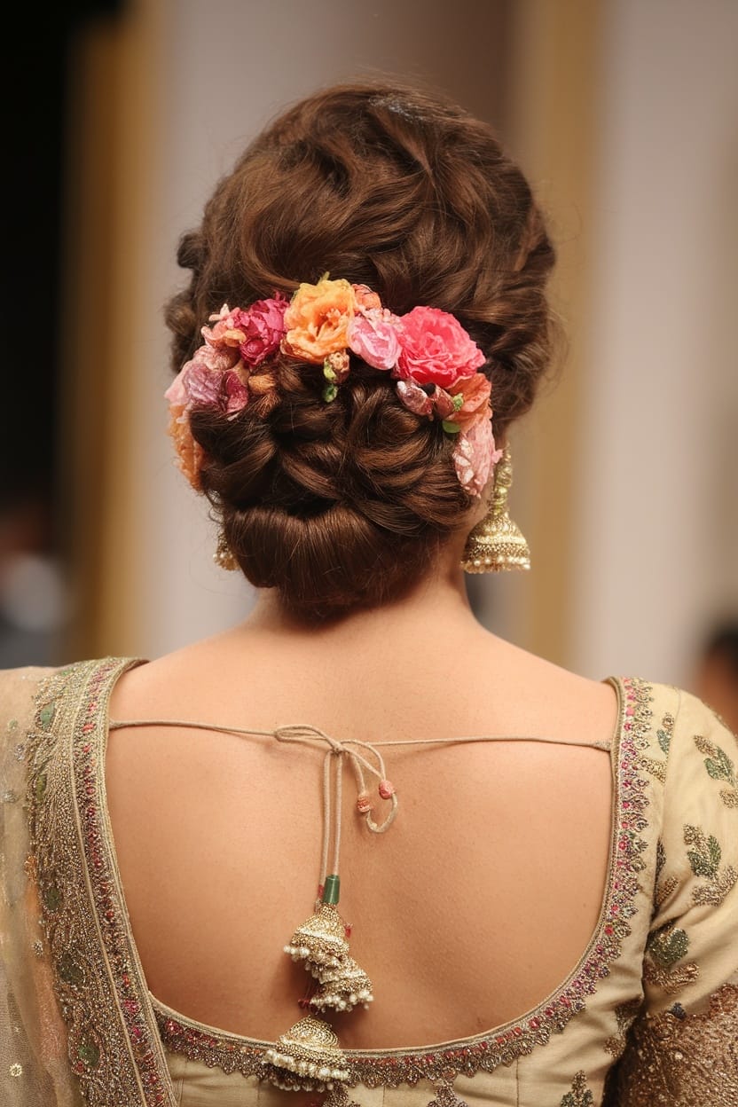 A stylish updo with floral accents, complementing a lehenga.