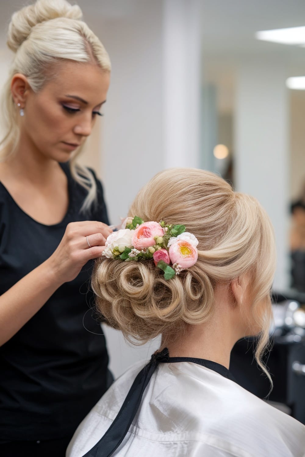 A stylist arranging a floral-accented updo for the mother of the bride.