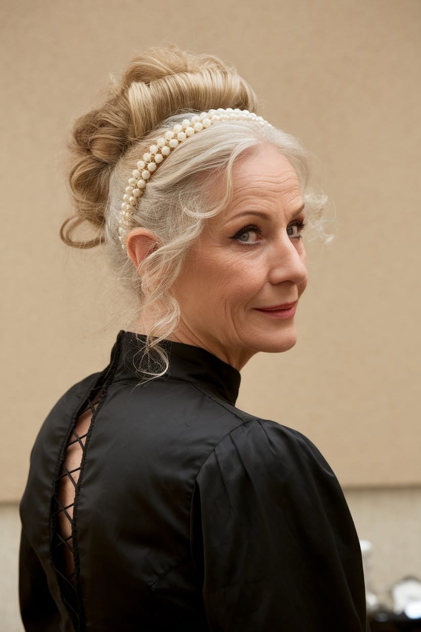 A woman over 60 with elegant updo hairstyle and pearl headband, showcasing a formal look.