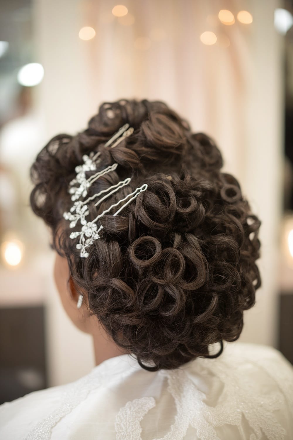 A close-up of a beautifully styled updo for natural hair, featuring intricate curls and sparkling hairpins.