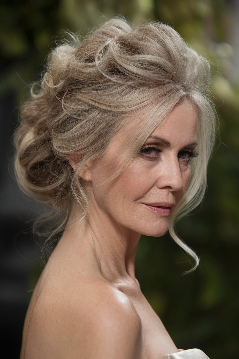 A woman with long, soft curls styled in an elegant updo, showcasing a sophisticated look